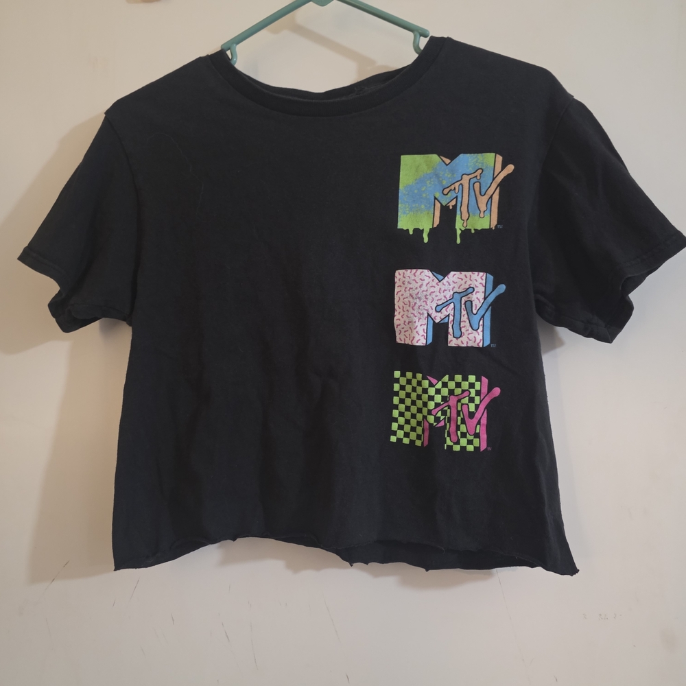 MTV Black Cropped Tee with Neon Green Pink and Blue Logos